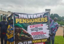 TIGHT SECURITY AROUND DEFENCE MINISTRY AS RETIRED MILITARY PERSONNEL PROTEST DELAY IN PENSION ADJUSTMENTS