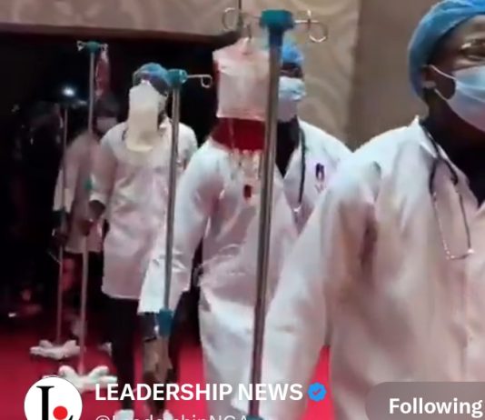 WATCH THE MOMENT LAGOS SOCIALITE, PRETTY MIKE ENTERED PELLER AND JARVIS WEDDING WITH ENTOURAGE DRESSED AS MEDICAL PERSONNEL